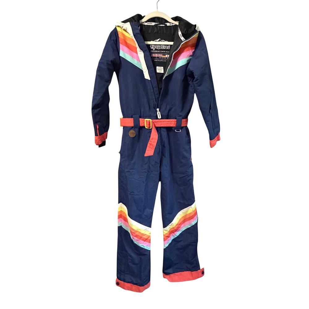 Tipsy Elves Kids Navy Rainbow Chevron Retro Ski Suit One Piece Snow Suit Large